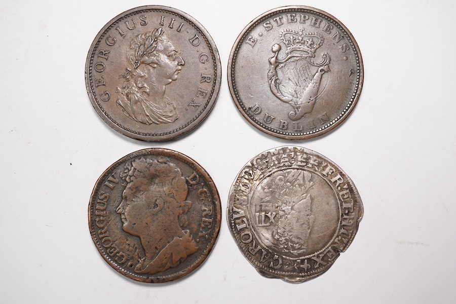 British coins, comprising , Charles I silver shilling, m.m. anchor, Ireland, George III (1760-1820), Soho Birmingham coinage (1805-6), penny 1805, edge knocks otherwise toned good VF, Wellington and Erin Go Bragh penny t